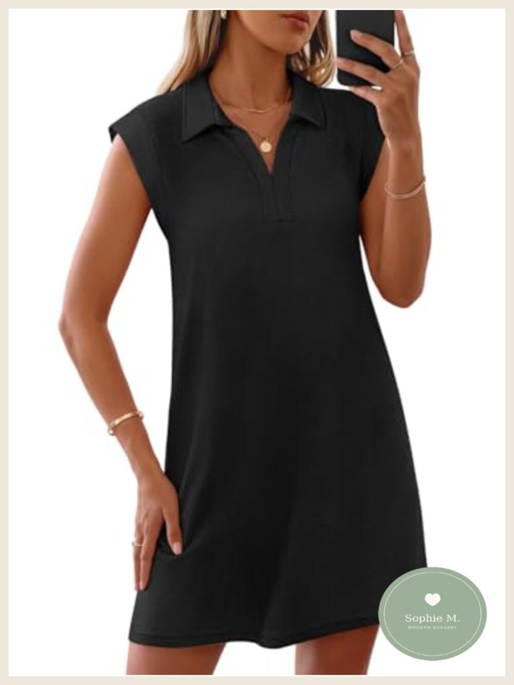 Women's Summer V Neck Collared Loose Fit Mini T Shirt Dress with Pockets